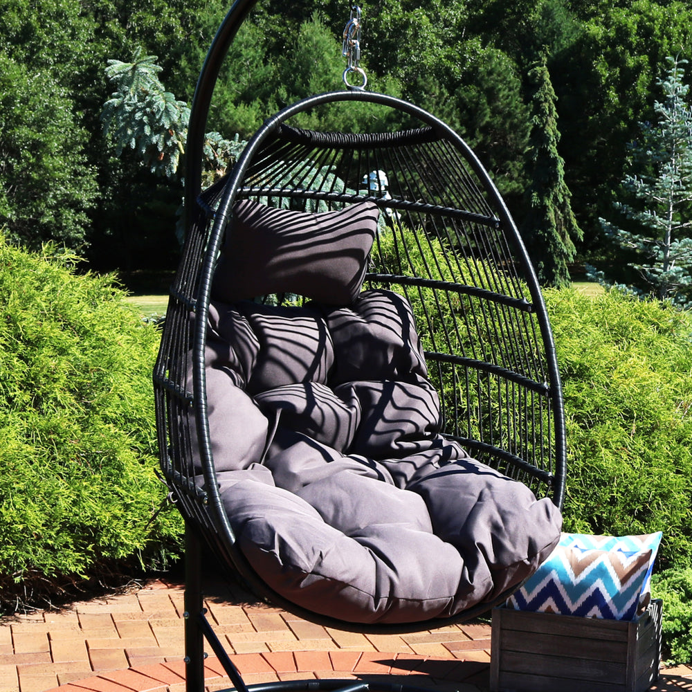 Sunnydaze Black Polyethylene Wicker Hanging Egg Chair with Cushions - Gray Image 2