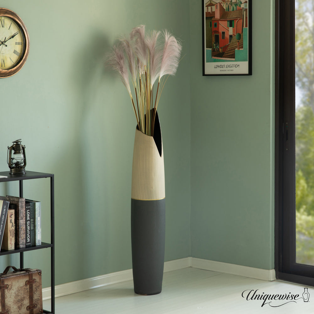 Tall Freestanding Ceramic Floor Vase - Handcrafted Beige Polka Dot Striped Top and Black Bottom, Large Waterproof Vase Image 2