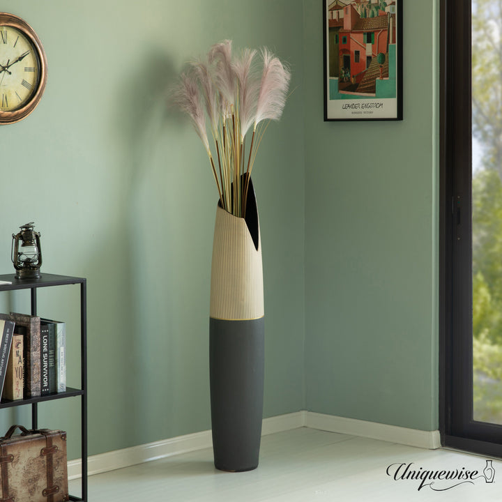 Tall Freestanding Ceramic Floor Vase - Handcrafted Beige Polka Dot Striped Top and Black Bottom, Large Waterproof Vase Image 2