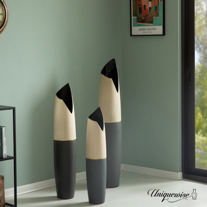 Tall Freestanding Ceramic Floor Vase - Handcrafted Beige Polka Dot Striped Top and Black Bottom, Large Waterproof Vase Image 3