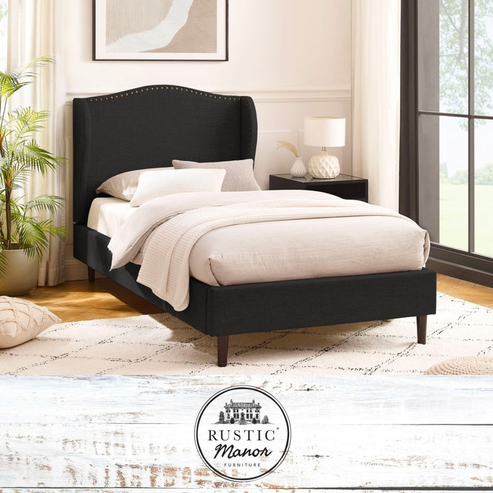 Ellena Bed - Upholstered, Wingback Headboard, Nailhead Trim, Slats Included Image 3