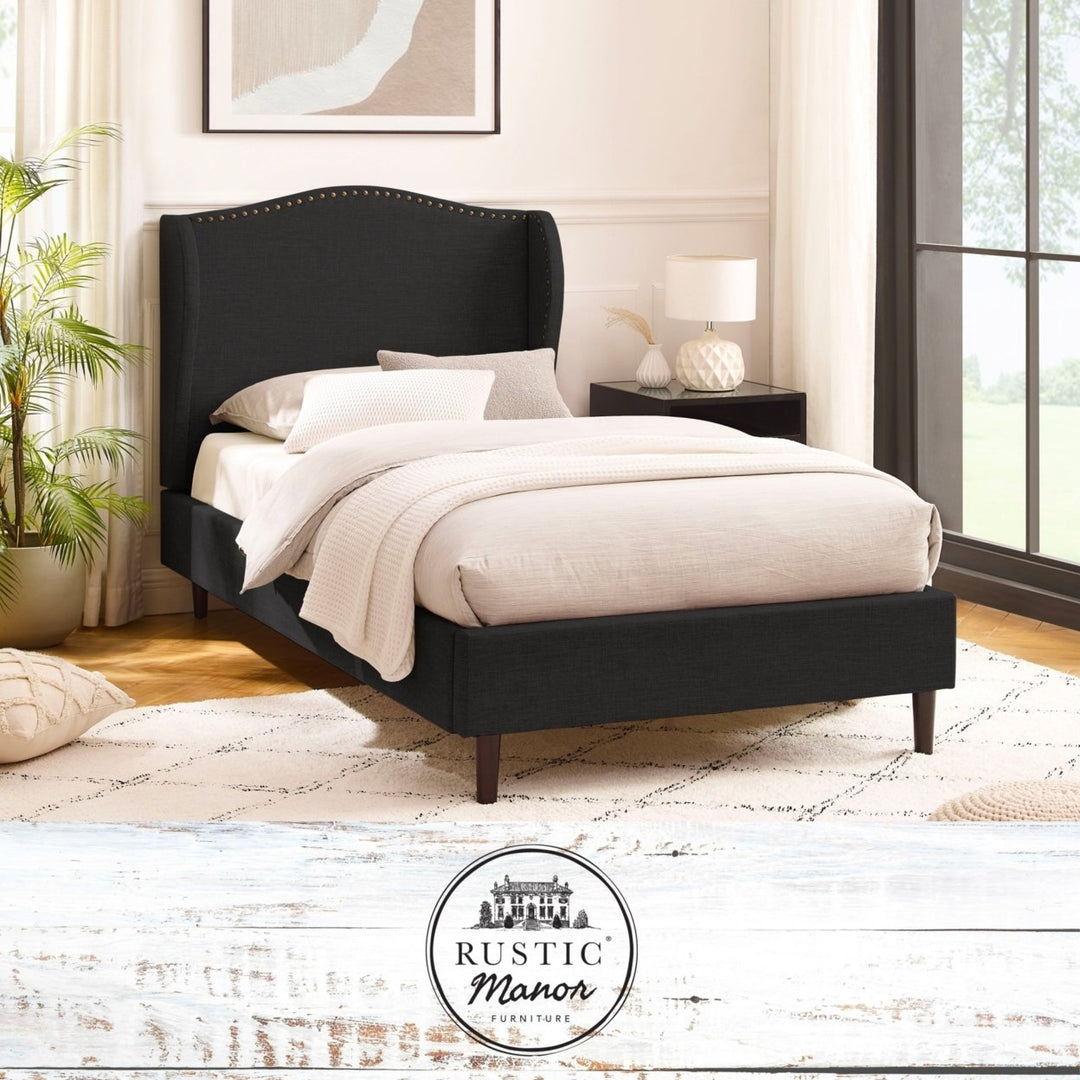 Ellena Bed - Upholstered, Wingback Headboard, Nailhead Trim, Slats Included Image 1