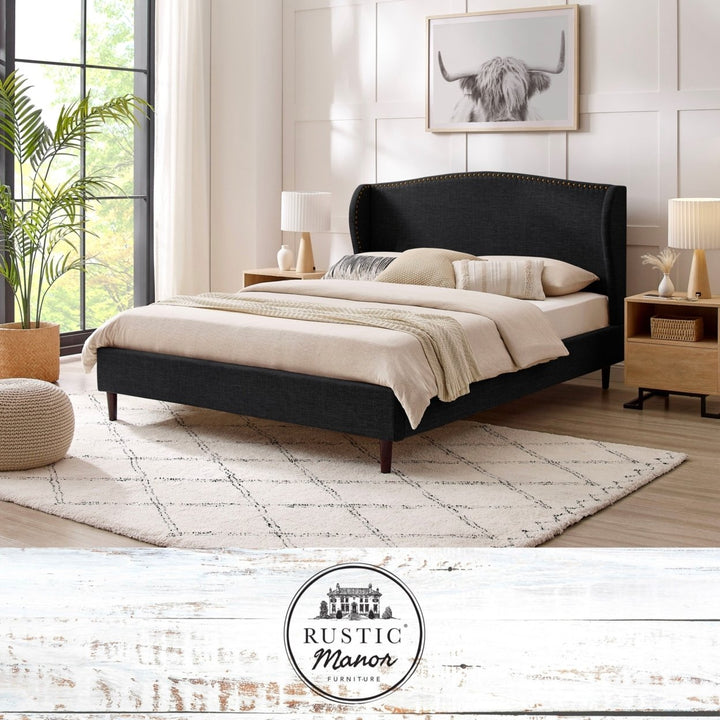 Ellena Bed - Upholstered, Wingback Headboard, Nailhead Trim, Slats Included Image 4