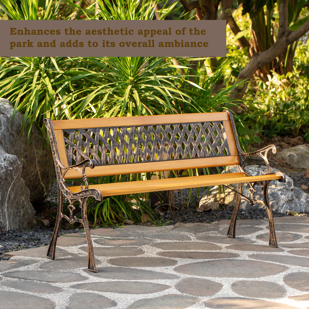 Outdoor Classical Wooden Slated Park Bench, Steel frame Seating Bench for Yard, Patio, Garden, Balcony, and Deck Image 3