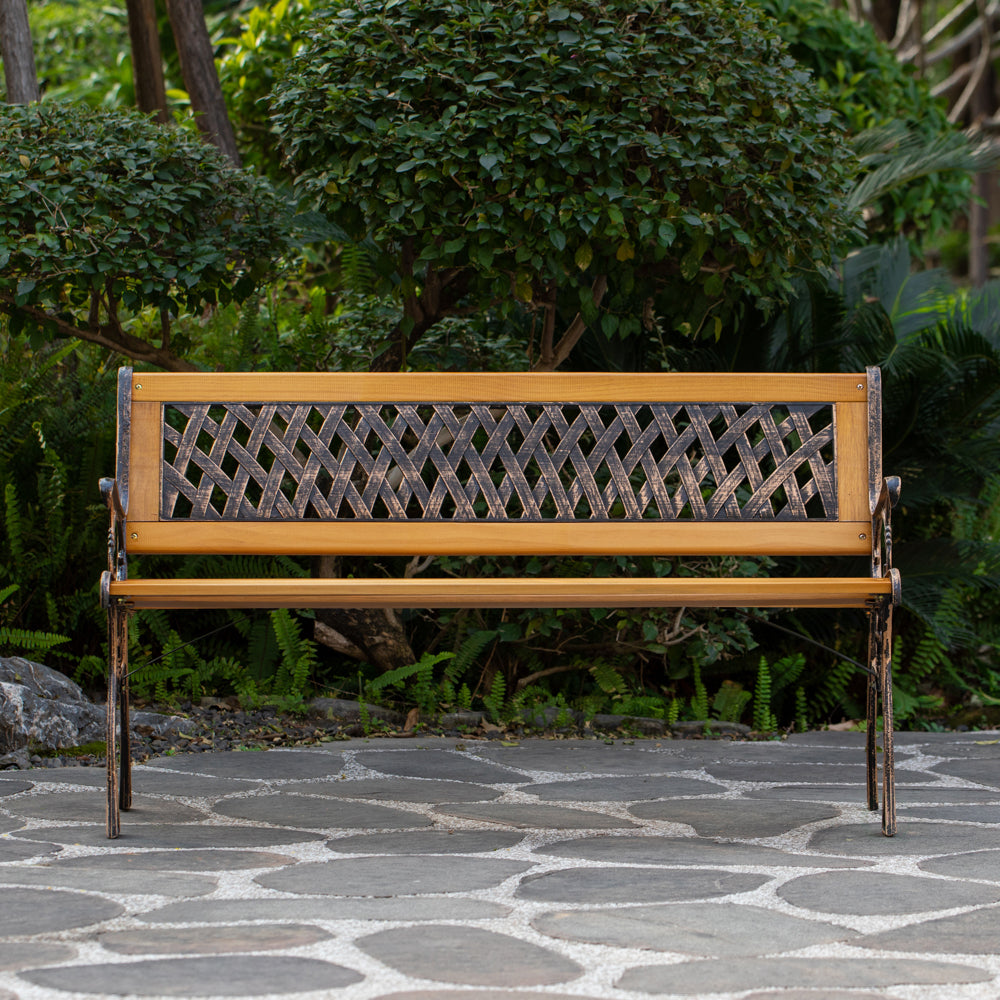 Outdoor Classical Wooden Slated Park Bench, Steel frame Seating Bench for Yard, Patio, Garden, Balcony, and Deck Image 9