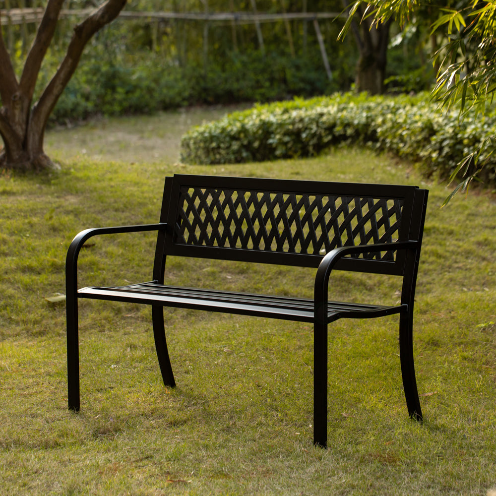 Gardenised Outdoor Steel 47 Park Bench for Yard, Patio, Garden and Deck, Black Weather Resistant Porch Bench, Park Image 2