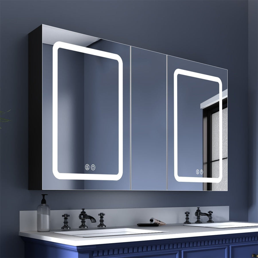 ExBrite 50 in. W x 30 in. H LED Bathroom Black Medicine Cabinet Surface Mount Double Door Lighted Medicine Cabinet Image 1