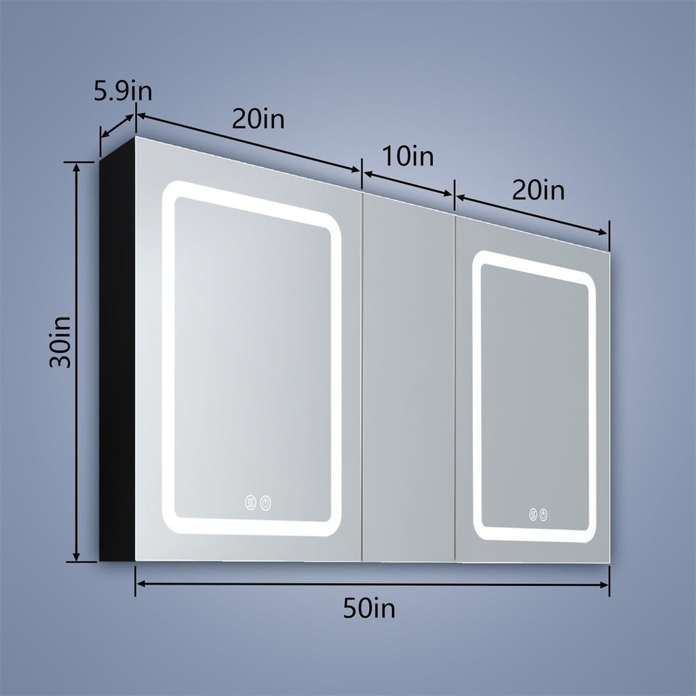 ExBrite 50 in. W x 30 in. H LED Bathroom Black Medicine Cabinet Surface Mount Double Door Lighted Medicine Cabinet Image 2