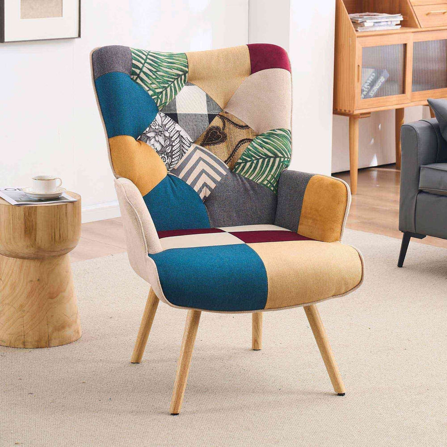 Multi-Colored Patchwork Wingback Accent Chair with Solid Wood Legs, Linen Fabric Napping Armchair for Living Room Image 1