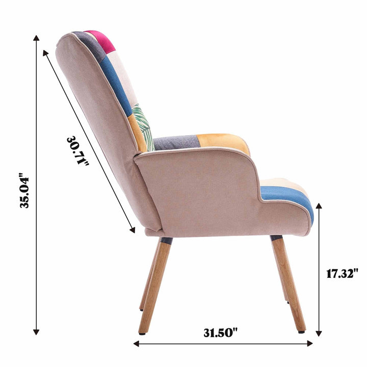 Multi-Colored Patchwork Wingback Accent Chair with Solid Wood Legs, Linen Fabric Napping Armchair for Living Room Image 5
