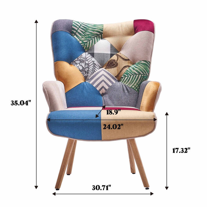Multi-Colored Patchwork Wingback Accent Chair with Solid Wood Legs, Linen Fabric Napping Armchair for Living Room Image 4