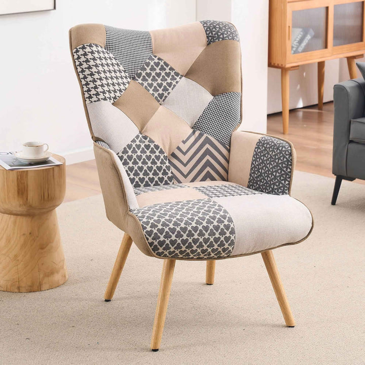 Multi-Colored Patchwork Wingback Accent Chair with Solid Wood Legs, Linen Fabric Napping Armchair for Living Room Image 8