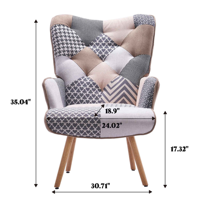 Multi-Colored Patchwork Wingback Accent Chair with Solid Wood Legs, Linen Fabric Napping Armchair for Living Room Image 10