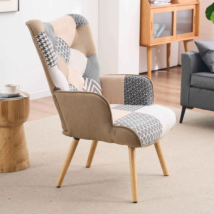 Multi-Colored Patchwork Wingback Accent Chair with Solid Wood Legs, Linen Fabric Napping Armchair for Living Room Image 9