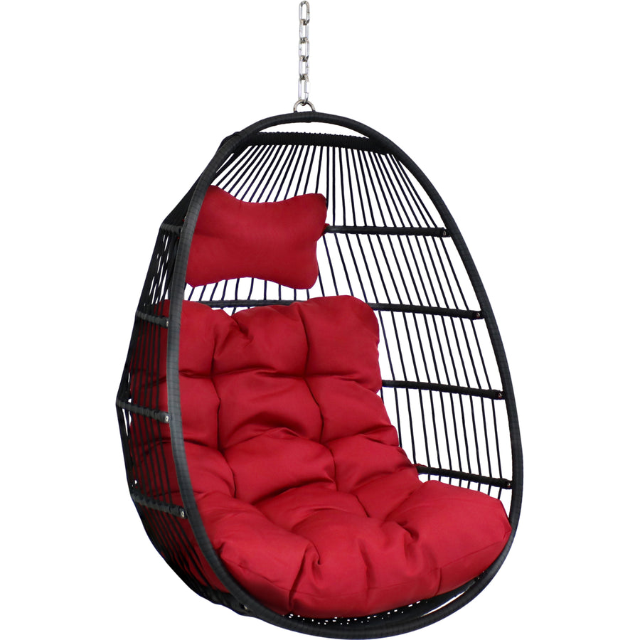 Sunnydaze Black Polyethylene Wicker Hanging Egg Chair with Cushions - Red Image 1
