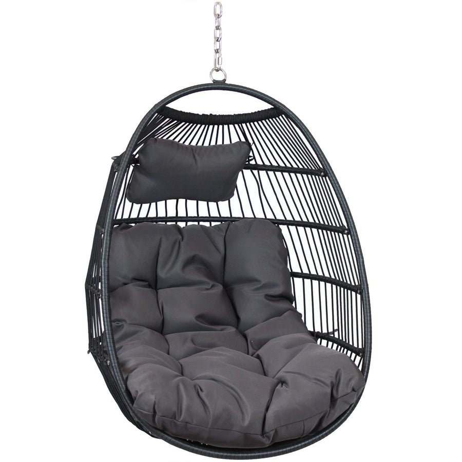 Sunnydaze Black Polyethylene Wicker Hanging Egg Chair with Cushions - Gray Image 1