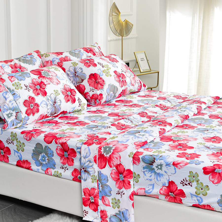 American Home Collection Ultra Soft 4-6 Piece Red Floral Printed Bed Sheet Set Image 1