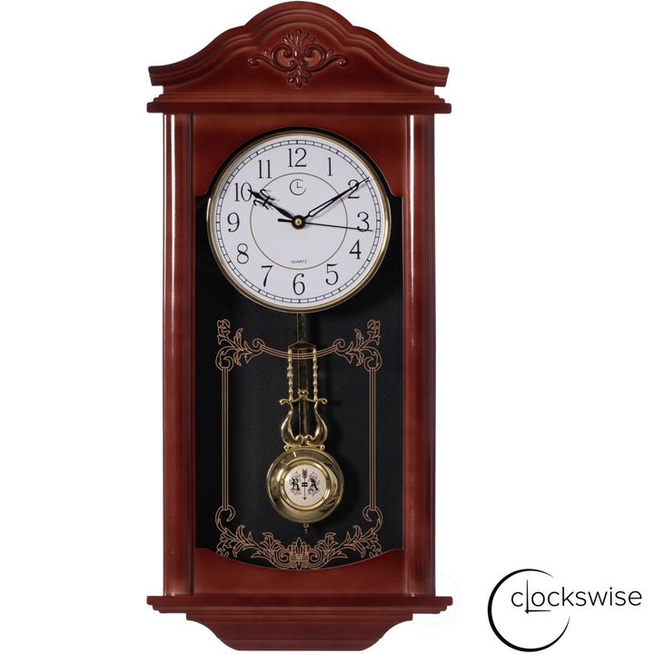Vintage Grandfather Wood- Looking Plastic Pendulum Wall Clock for Living Room, Kitchen, or Dining Room Image 7