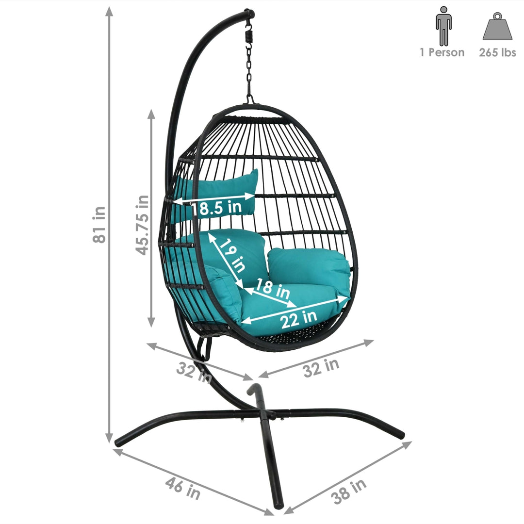 Sunnydaze Resin Wicker Hanging Egg Chair with Steel Stand/Cushion - Teal Image 3