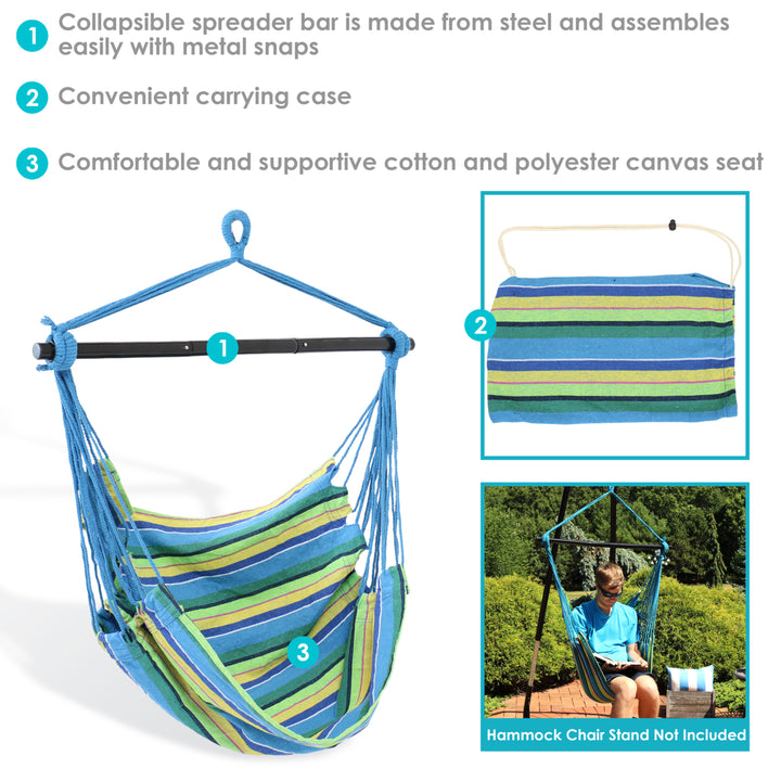 Sunnydaze Cotton Hammock Chair with Collapsible Spreader Bar - Ocean Breeze Image 4