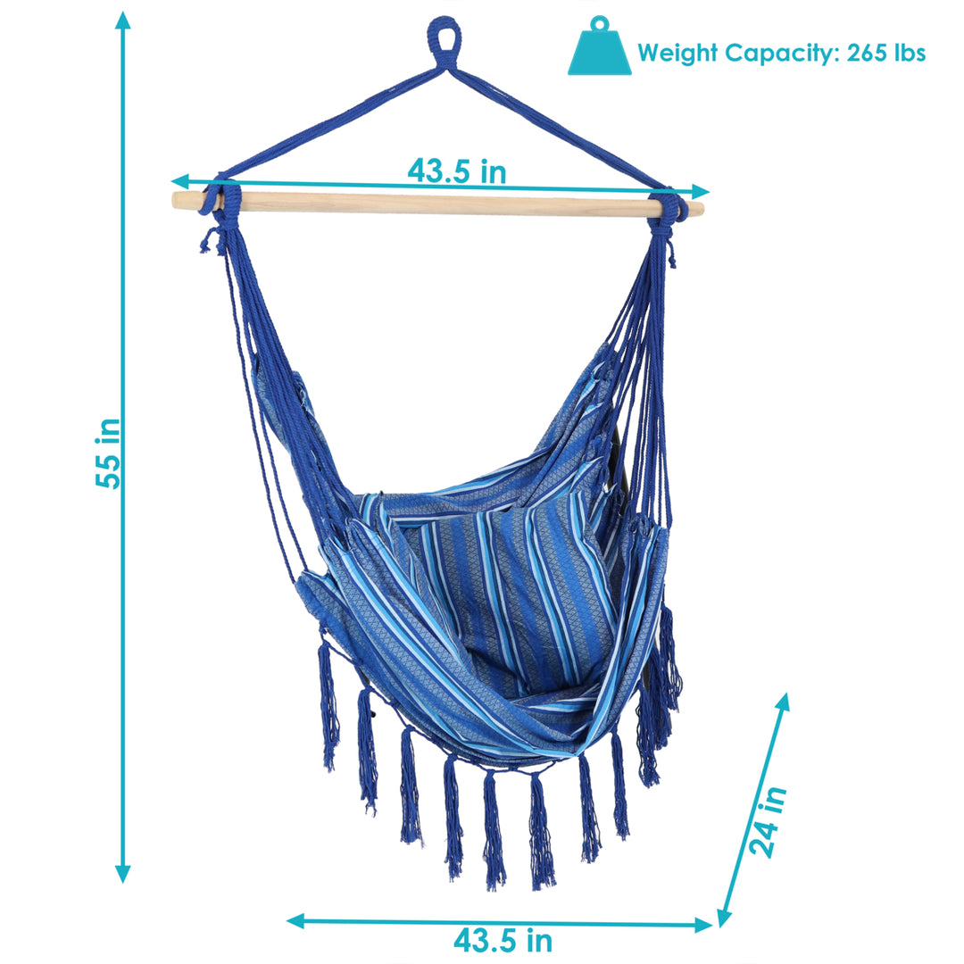 Sunnydaze Polyester Hammock Chair with Cushions and Fringe - Blue Stripes Image 3