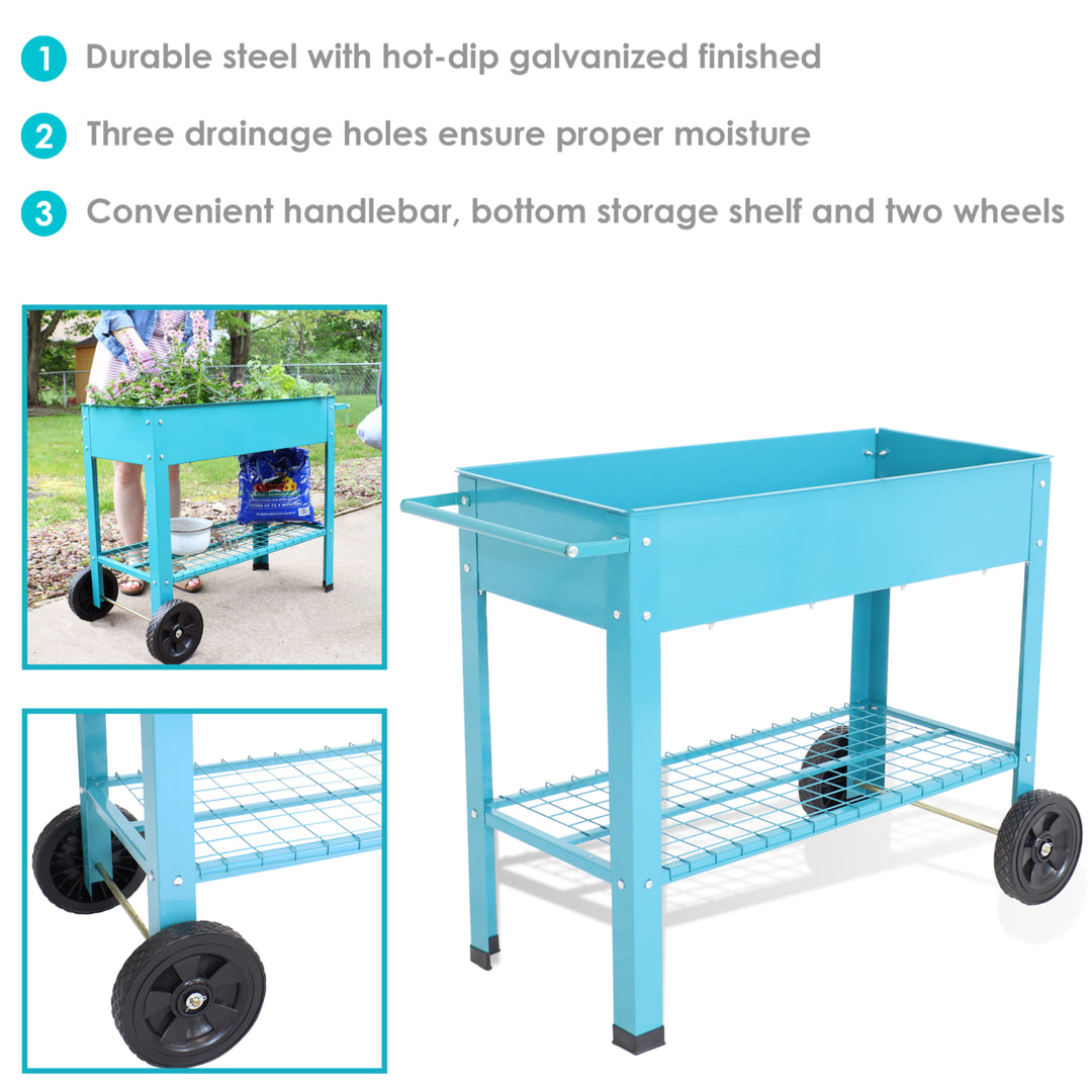 Sunnydaze 43 in Galvanized Steel Mobile Raised Garden Bed Cart - Blue Image 4