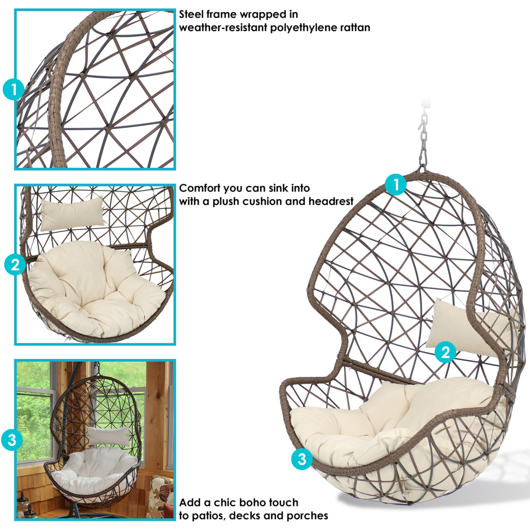 Sunnydaze Brown Resin Wicker Basket Hanging Egg Chair with Cushions - Beige Image 4