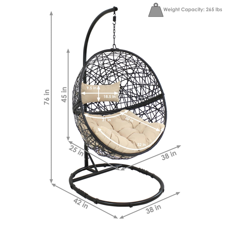 Sunnydaze Resin Wicker Hanging Egg Chair with Steel Stand/Cushion - Beige Image 3