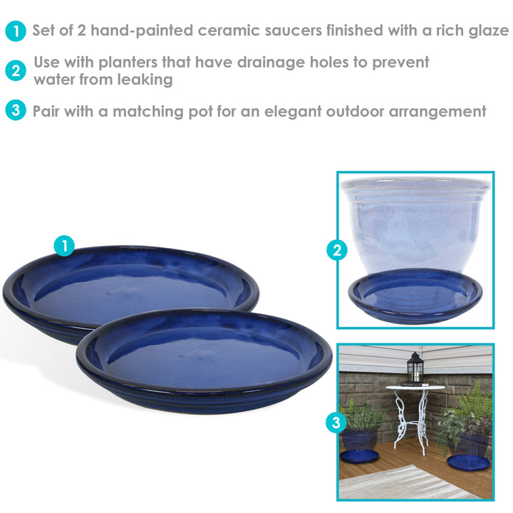 Sunnydaze 12 in Glazed Ceramic Flower Pot/Plant Saucer - Blue - Set of 4 Image 4