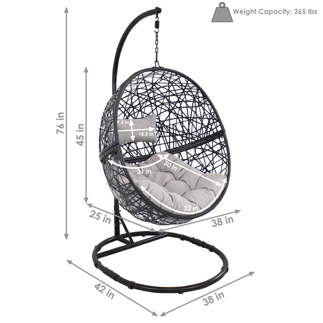 Sunnydaze Resin Wicker Hanging Egg Chair with Steel Stand/Cushion - Gray Image 3