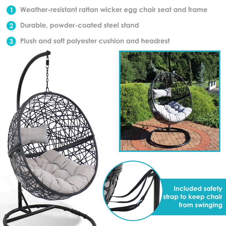 Sunnydaze Resin Wicker Hanging Egg Chair with Steel Stand/Cushion - Gray Image 4