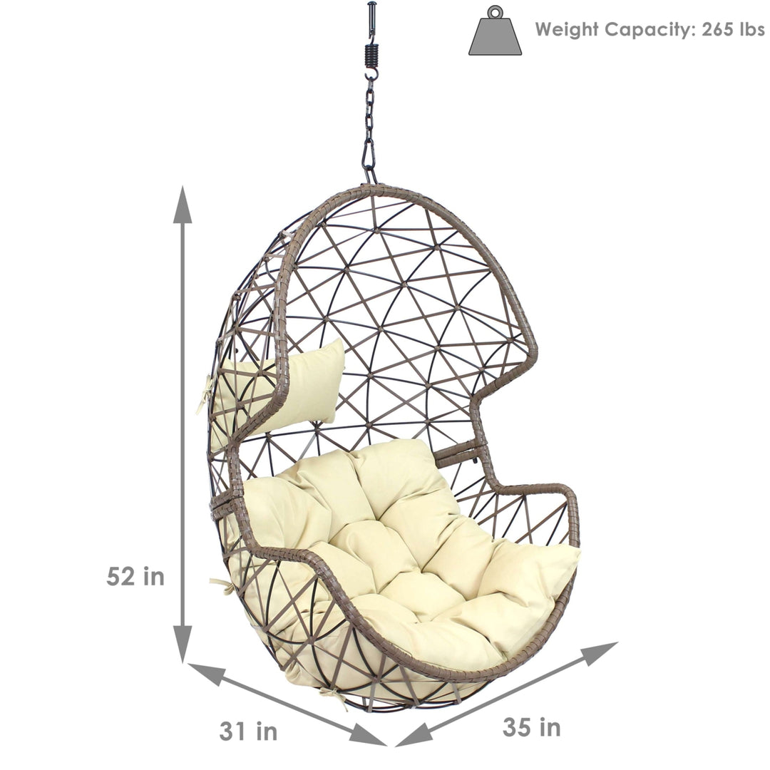 Sunnydaze Resin Wicker Basket Hanging Egg Chair with Cushions - Beige Image 3