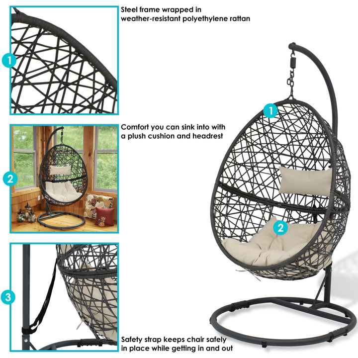 Sunnydaze Resin Wicker Hanging Egg Chair with Steel Stand/Cushions - Beige Image 4