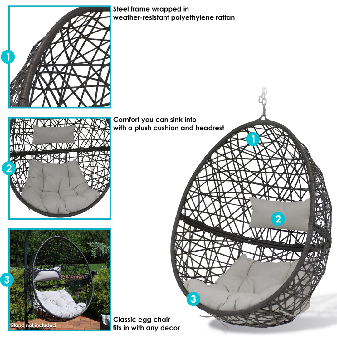 Hanging Egg Chair Resin Patio Basket Wicker Frame Gray Cushion Pillow Image 4