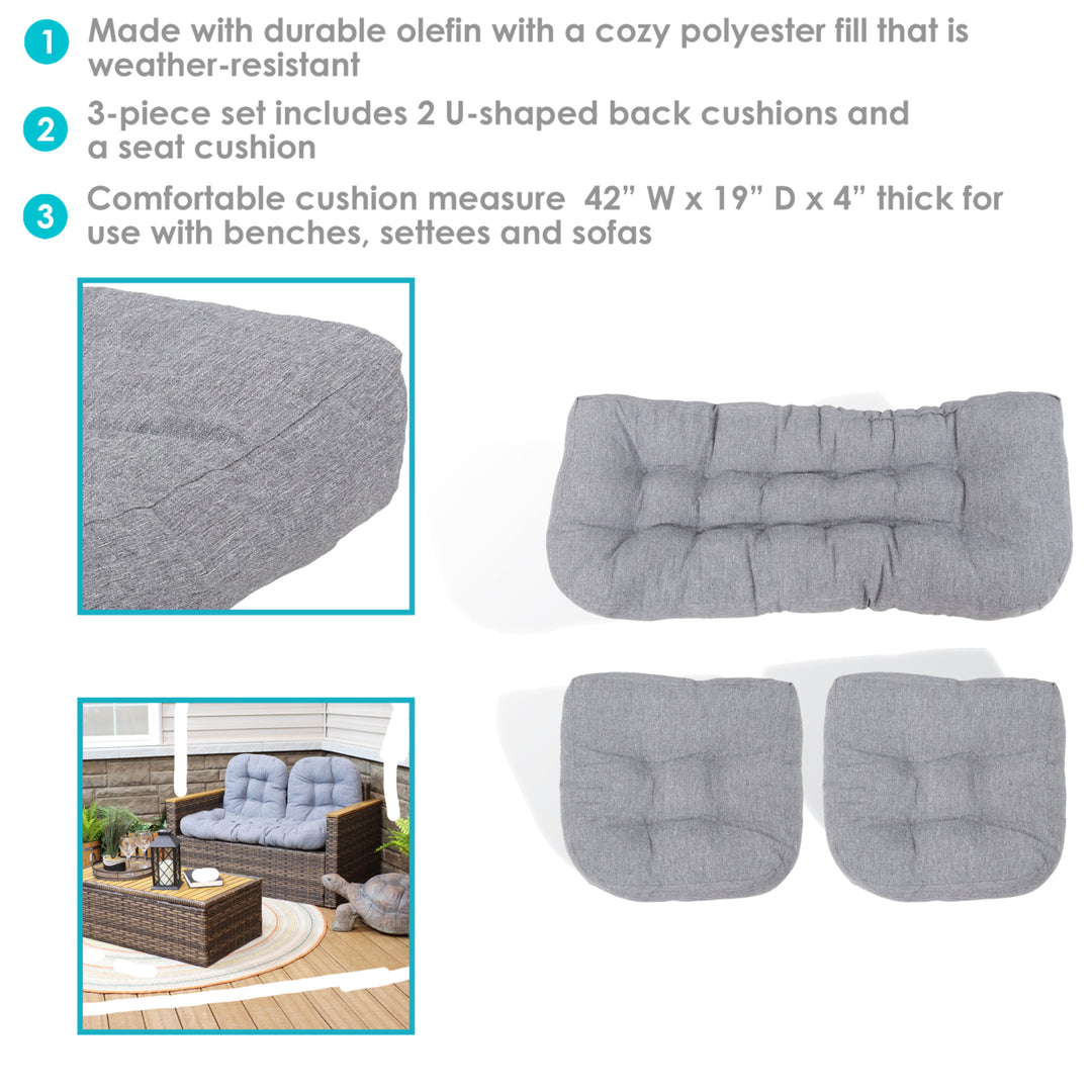Sunnydaze Indoor/Outdoor Olefin 3-Piece Tufted Settee Cushion Set - Gray Image 4