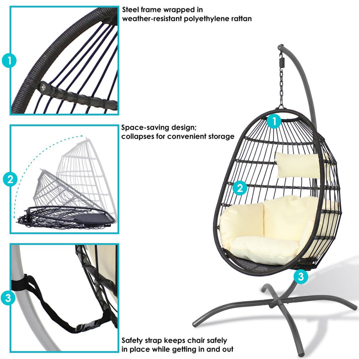 Sunnydaze Resin Wicker Hanging Egg Chair with Steel Stand/Cushions - Cream Image 4