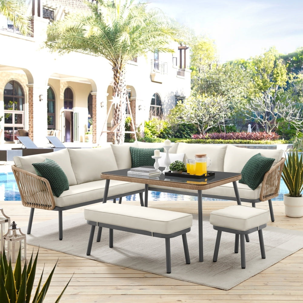 Jaycen Outdoor - Set Includes: 2 Sofas, 1 Bench, 1 Stool/Ottoman, 1 Table Image 2