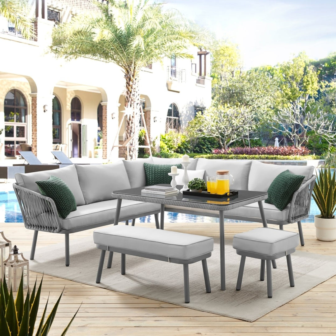 Jaycen Outdoor - Set Includes: 2 Sofas, 1 Bench, 1 Stool/Ottoman, 1 Table Image 1