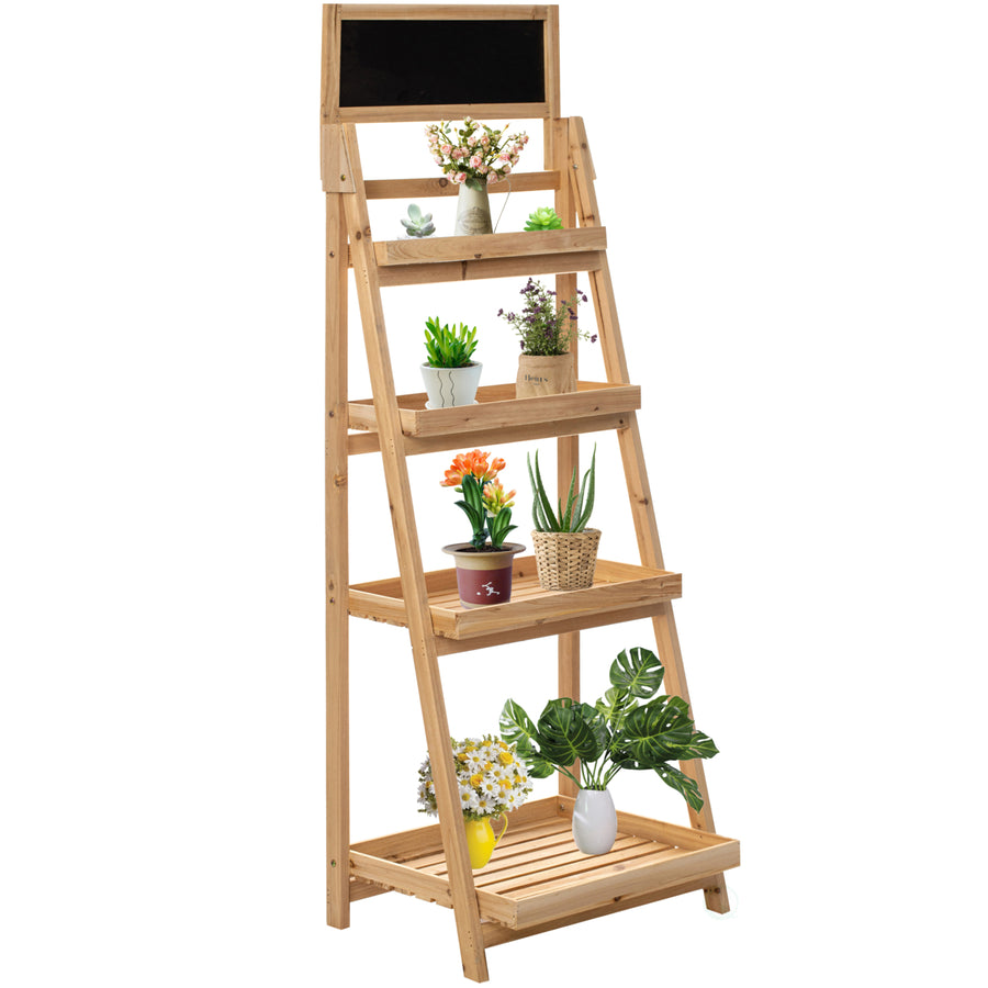 Decorative Wooden 4-Tier Chalkboard Ladder Shelf, Flower Plant Pot Display Shelf Bookshelf, Plant Flower Stand, Storage Image 1