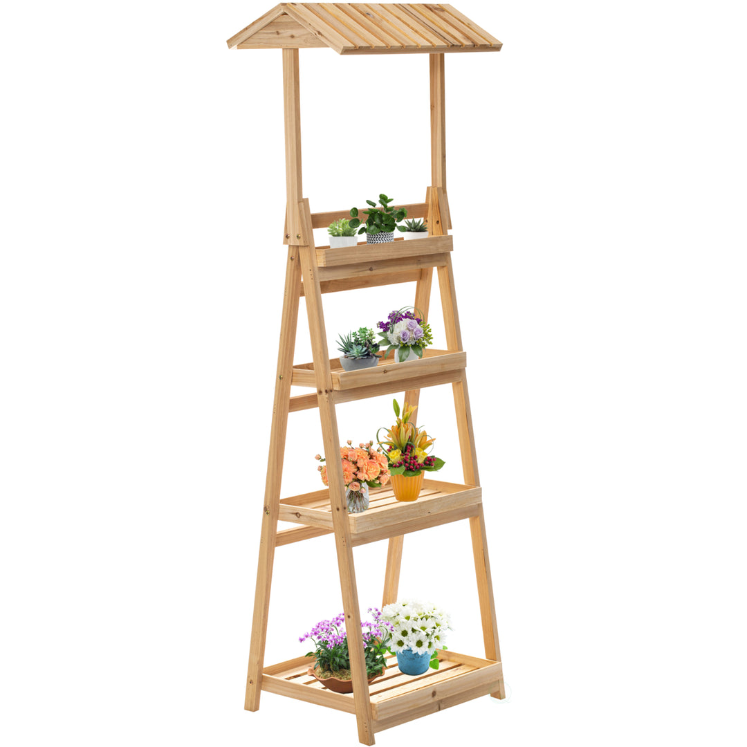 Small Slim Narrow Wooden Shelf Stand Cart Plant Shelf with Artistic Roof Design Will Add a Touch of Rustic Elegance to Image 1