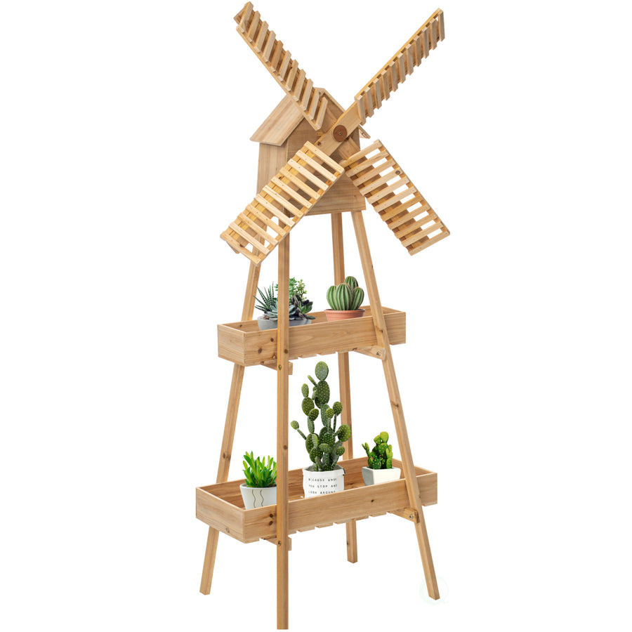 Wooden Cart with Windmill Accent, Versatile and Decorative Piece for Home or Garden Decor, Perfect for Displaying Image 1