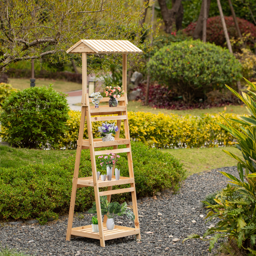 Small Slim Narrow Wooden Shelf Stand Cart Plant Shelf with Artistic Roof Design Will Add a Touch of Rustic Elegance to Image 2