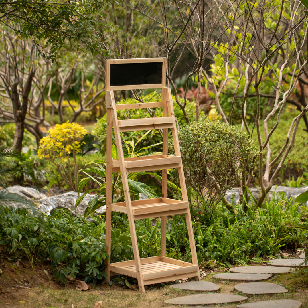 Decorative Wooden 4-Tier Chalkboard Ladder Shelf, Flower Plant Pot Display Shelf Bookshelf, Plant Flower Stand, Storage Image 3