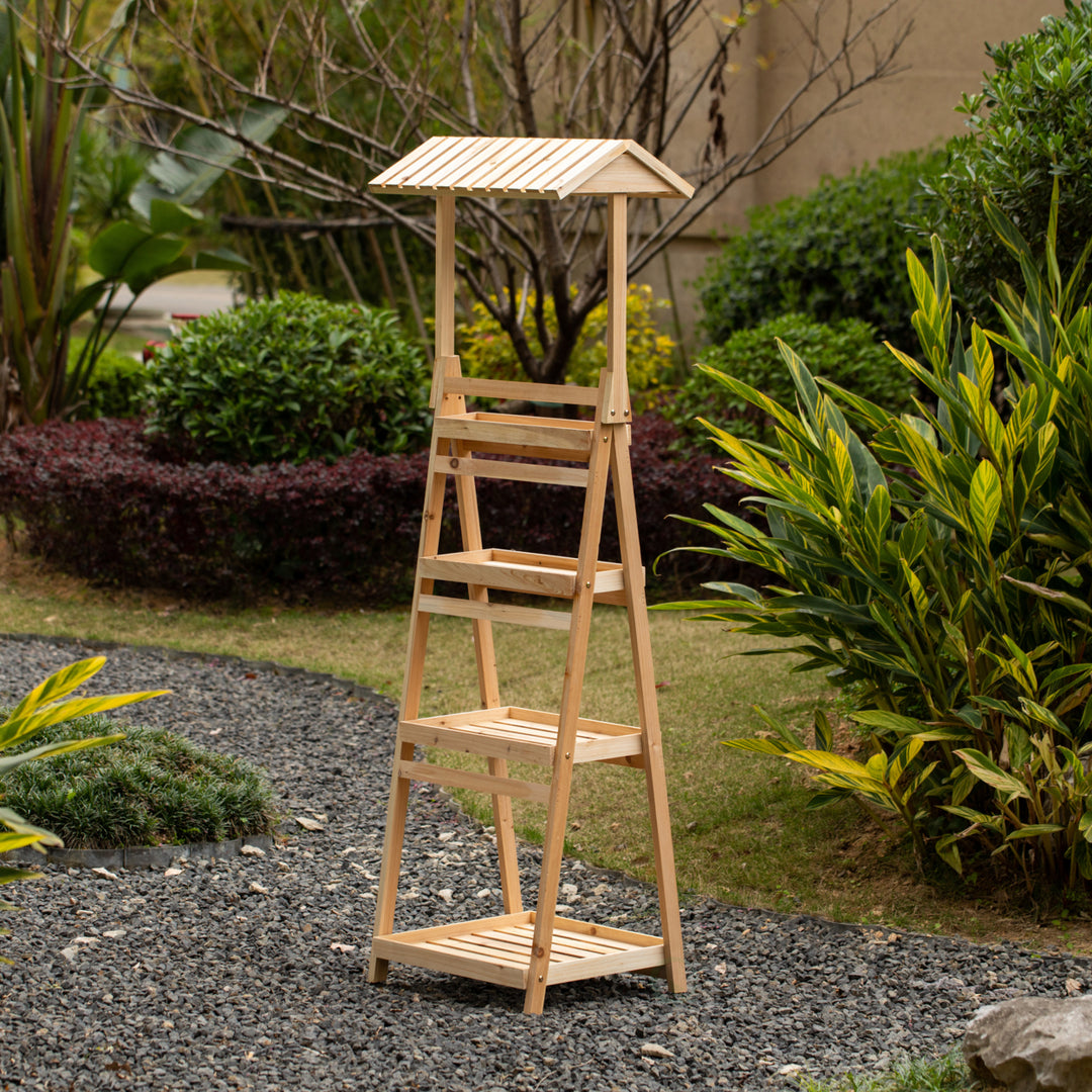 Small Slim Narrow Wooden Shelf Stand Cart Plant Shelf with Artistic Roof Design Will Add a Touch of Rustic Elegance to Image 3