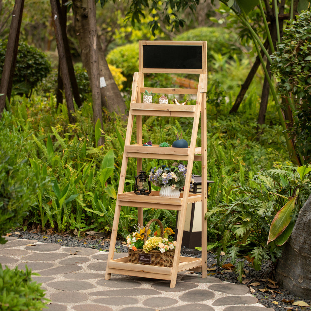 Decorative Wooden 4-Tier Chalkboard Ladder Shelf, Flower Plant Pot Display Shelf Bookshelf, Plant Flower Stand, Storage Image 5