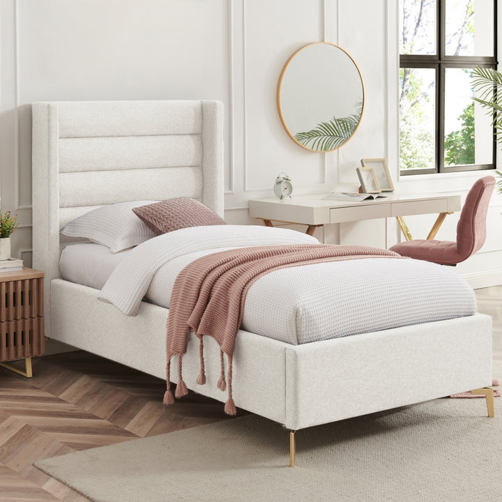 Rayce Bed - Linen Upholstered, Wingback Channel Tufted Headboard, Oblique Legs, Slats Included Image 4