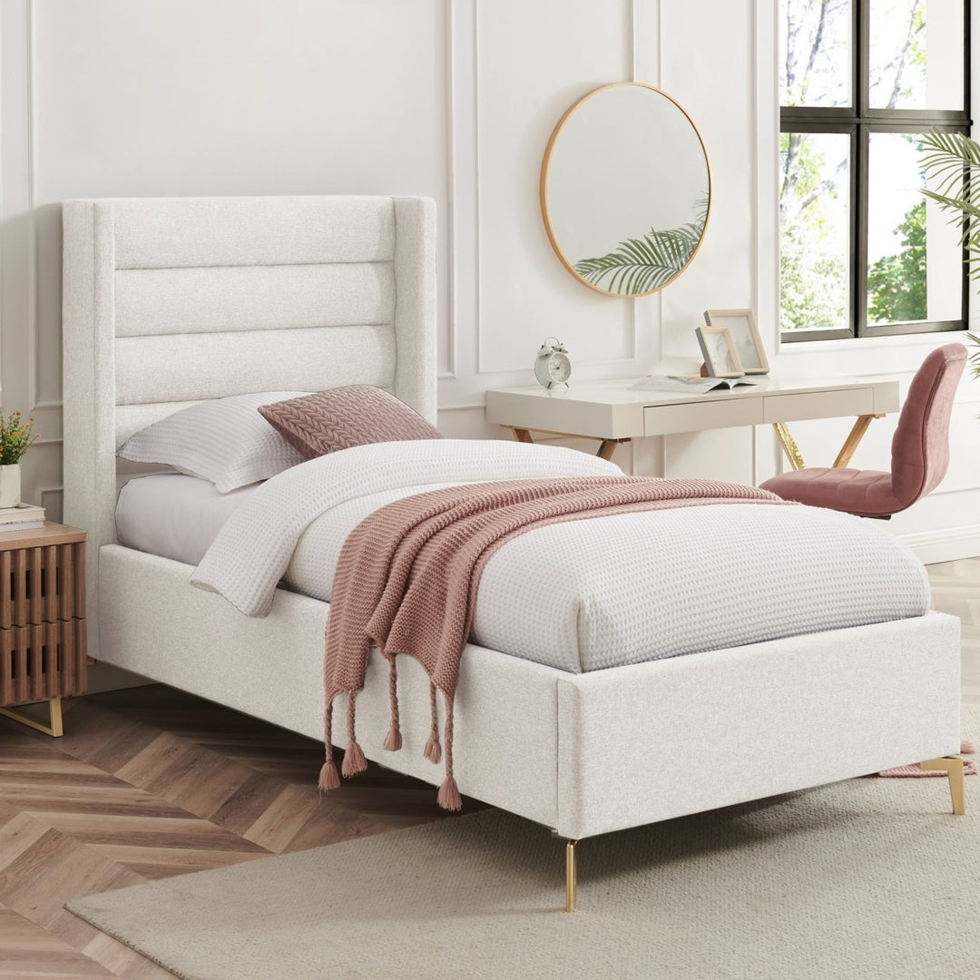 Rayce Bed - Linen Upholstered, Wingback Channel Tufted Headboard, Oblique Legs, Slats Included Image 1