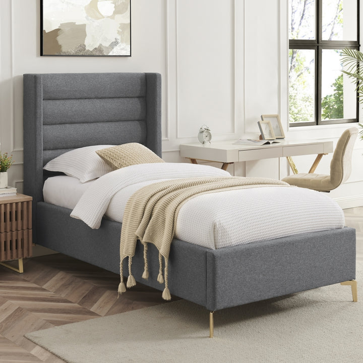 Rayce Bed - Linen Upholstered, Wingback Channel Tufted Headboard, Oblique Legs, Slats Included Image 5