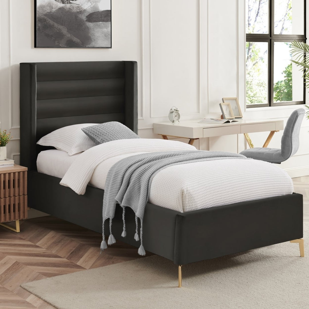 Rayce Bed -Velvet Upholstered, Wingback Channel Tufted Headboard, Oblique Legs, Slats Included Image 3