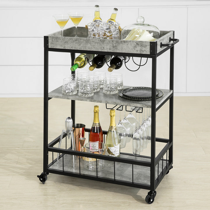 Haotian FKW56-HG, Bar Cart Home Rustic Kitchen Vintage Style Wood Metal Serving Trolley Image 7